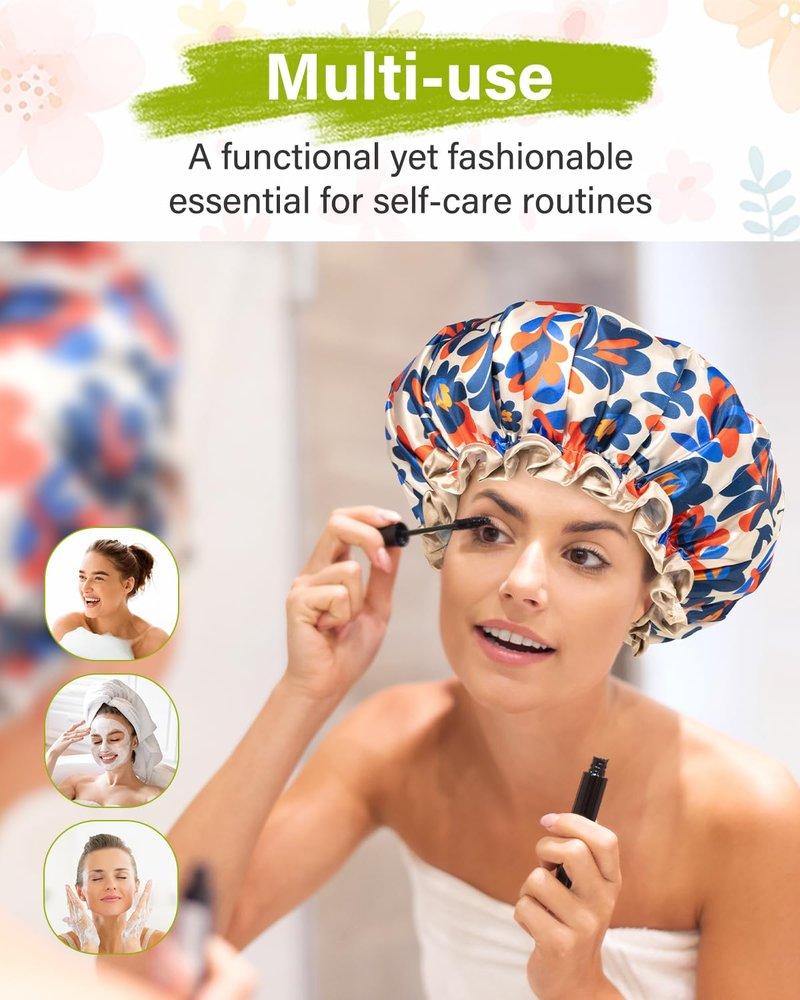 mikimini Reusable Showe Cap for Women Waterproof, Large Shower Caps with Elastic Band & Double Layers - Adjustable Shower Bonnet for Long Hair, Braids, Bold Abstract Print Hair Cap