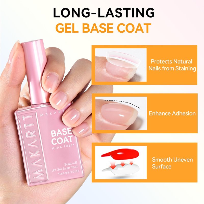 Makartt Hema-Free Gel Top and Base Coat Set: 2 PCS 15ml No Wipe Upgraded Mild Formula Diamond-Shine Long-Lasting Base and Top Coat Gel Nail Polish Soak Off UV LED Lamp Needed Home DIY Gift Women