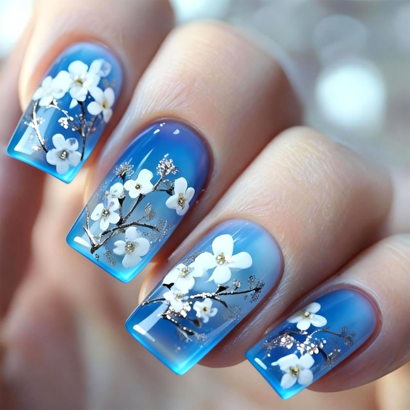 LWTZLW Blue Press on Nails Medium Square False Nails White Flower Design Full Cover Glue on Nail Summer Blue Gradient Floral Reusable Acrylic Fake Nails Glossy Artificial Stick on Nail for Women