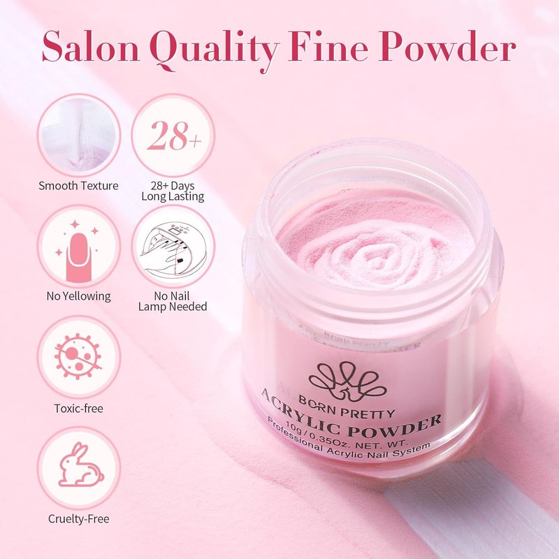BORN PRETTY Acrylic Nail Kit - Clear, White & Pink Powder with Liquid, Forms, Brush & File | Beginner Friendly