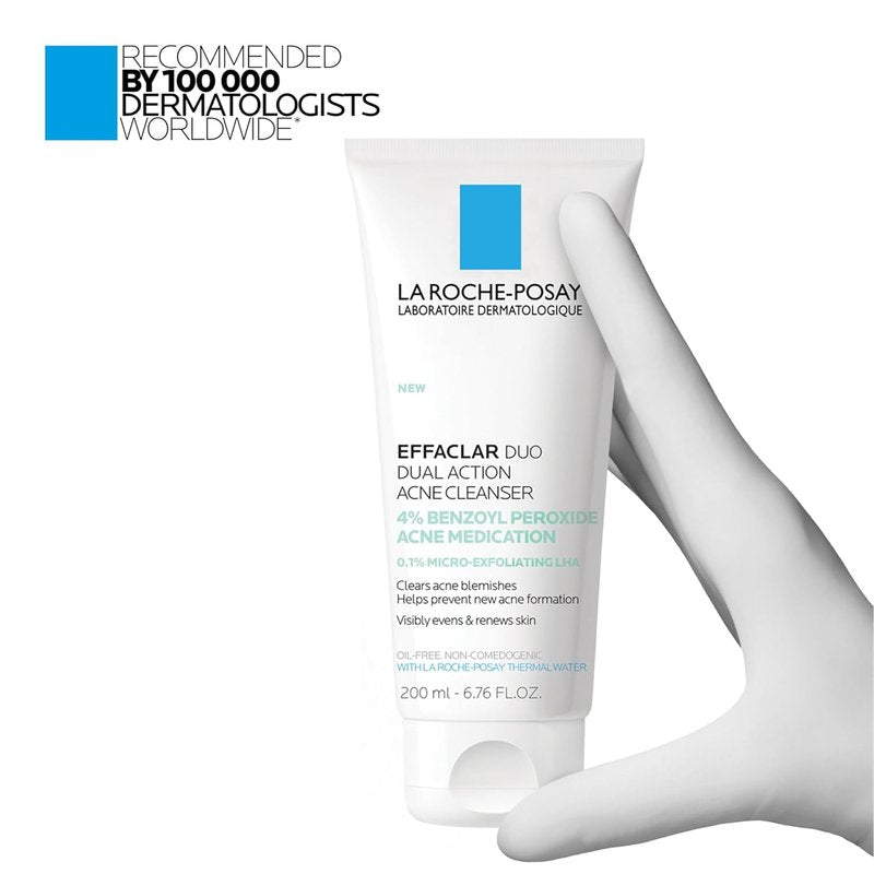 La Roche-Posay Effaclar Dual Acne Face Wash - 4% Benzoyl Peroxide & LHA Exfoliant, 6.76 Fl Oz