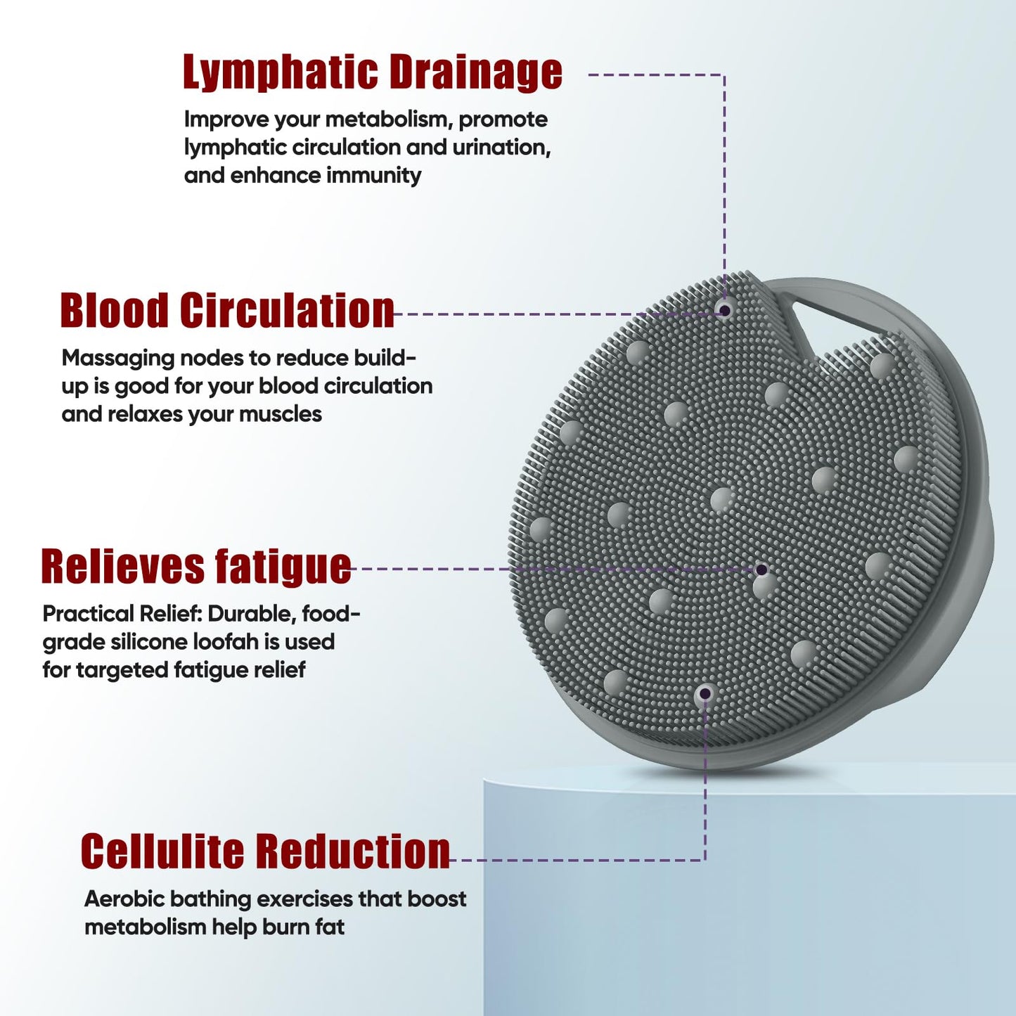 XCRUCC Silicone Body Scrubber Anti Zinc Infused Silicone Loofah，Silicone Shower Scrubber with Stiff & Soft Bristles，Unblock Blood Circulation or Lymphatic Drainage - Gray
