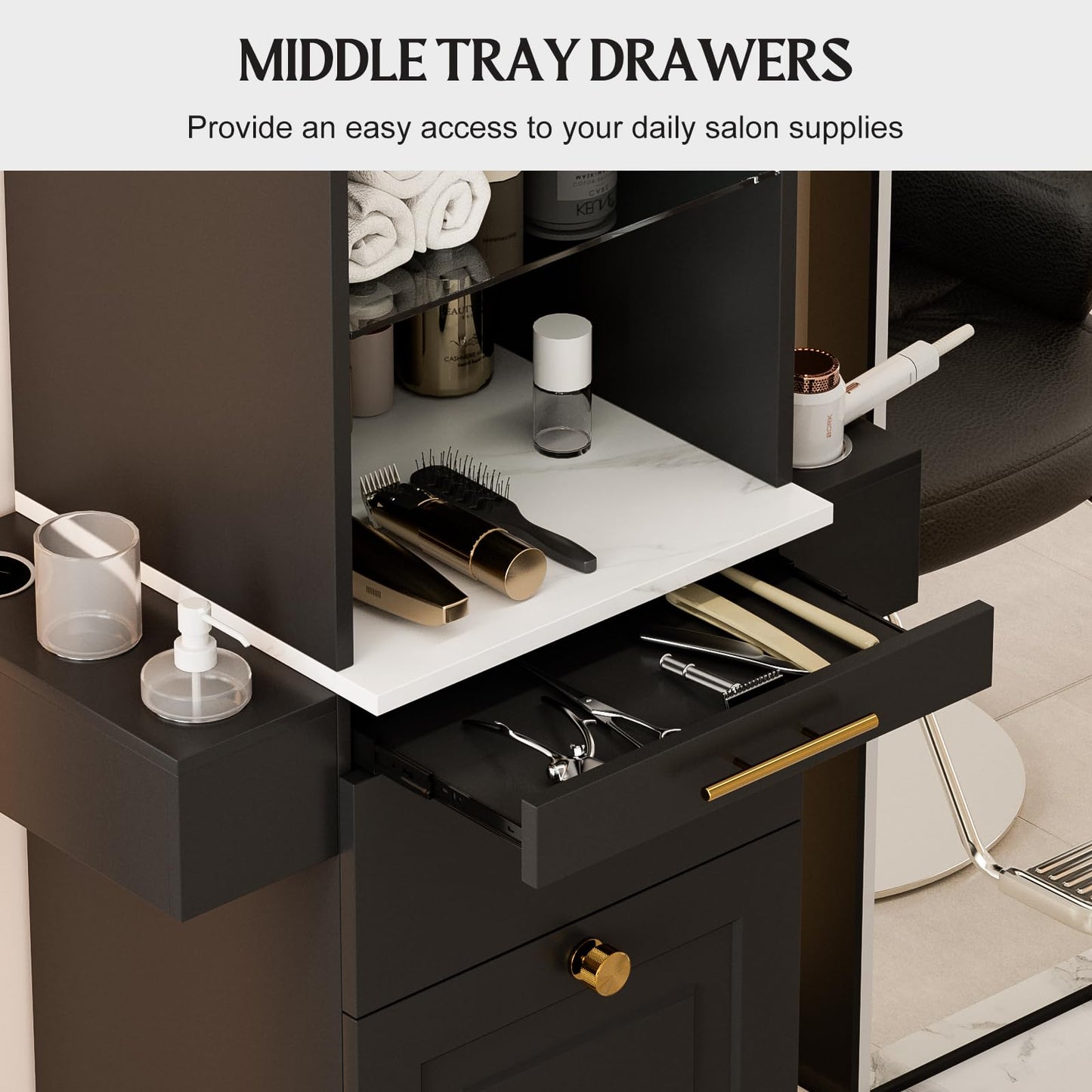 TTGIEET Beauty Salon Station, Hair Salon Station w/Glass Shelf & Golden Handles, Stylist Station for Salon w/6 Hair Dryer Holders, 2 Storage Cabinet & Drawers(Black)
