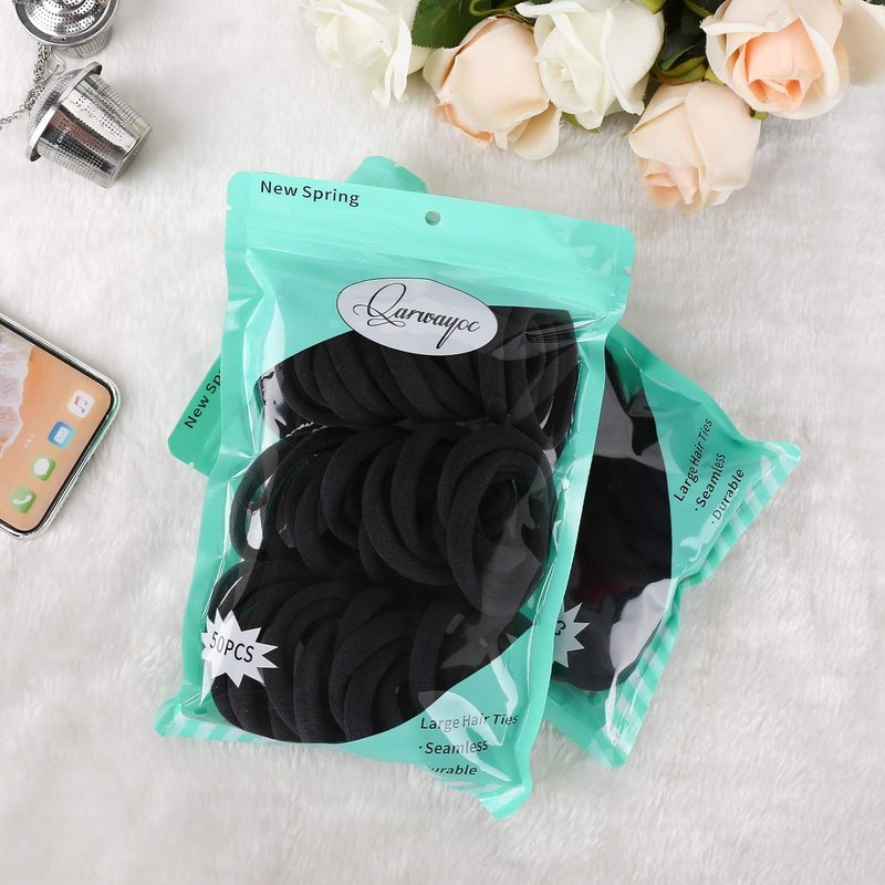 Qarwayoc Black Hair Ties - 50PCS Cotton Seamless Ponytail Holders | No Damage for Thick Hair, 2 Inch Diameter