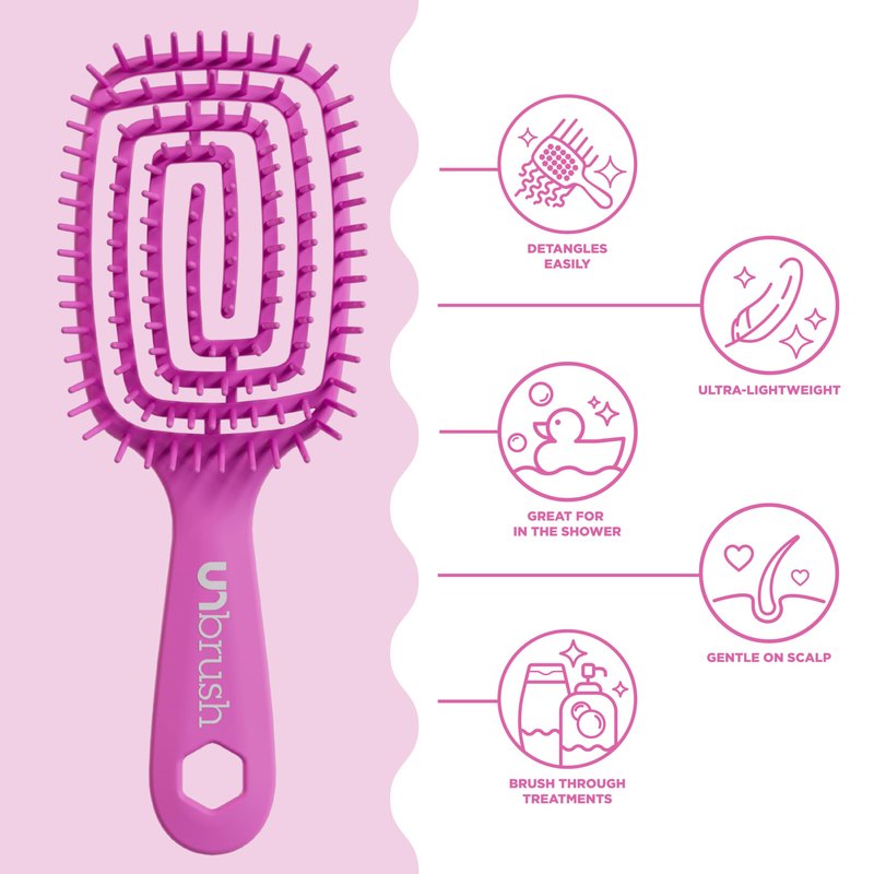 FHI Heat UNbrush Flex Detangling Brush — Ultra-Flexible, Pain-Free Hair Brush Detangler with DuoFlex Anti-Static Bristles for Removing Tangles, Massaging Scalp & Faster Styling - Pink