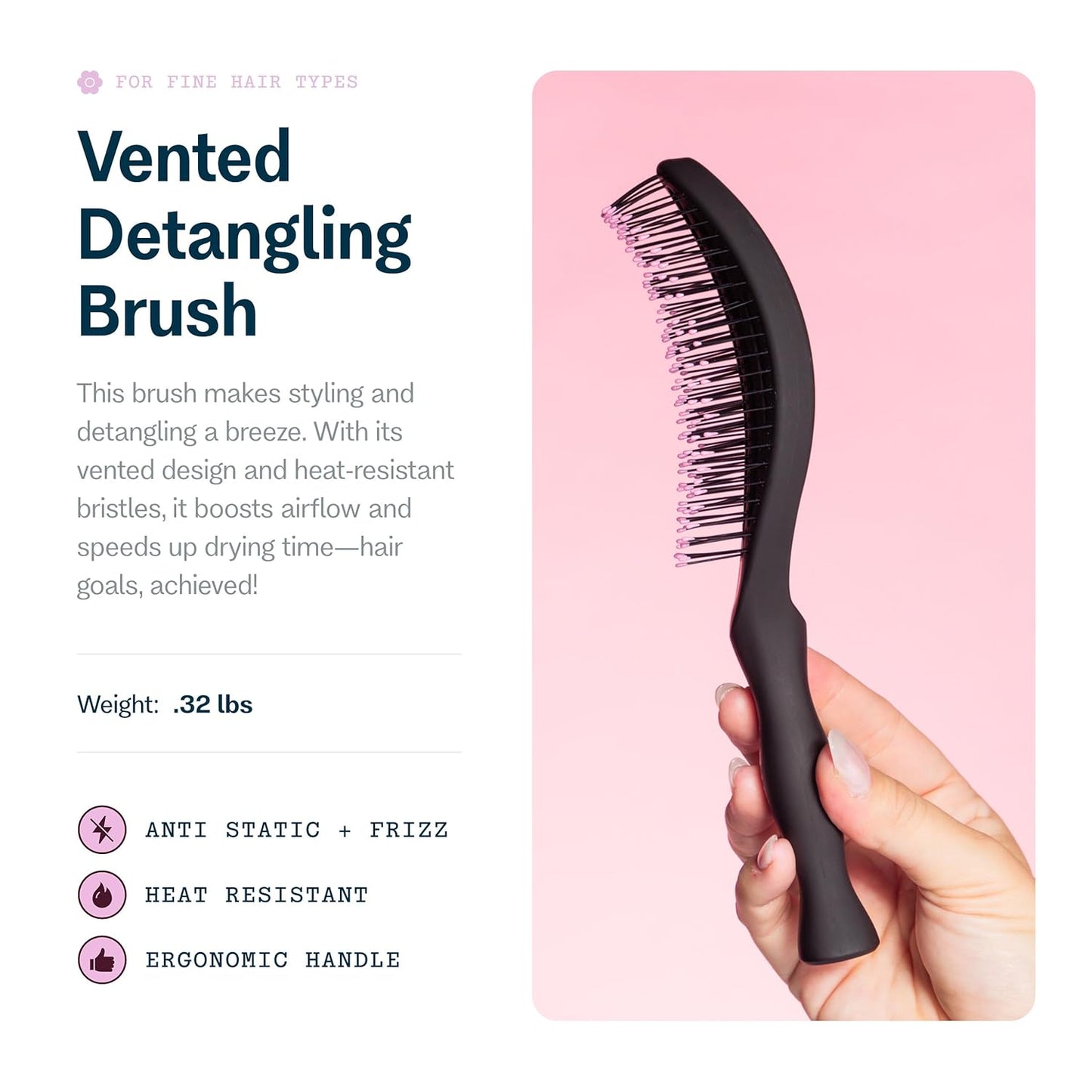 Vented Detangling Brush - Quick-Dry, Heat-Resistant Design for Healthy Hair | Ideal for Thick or Thin Locks