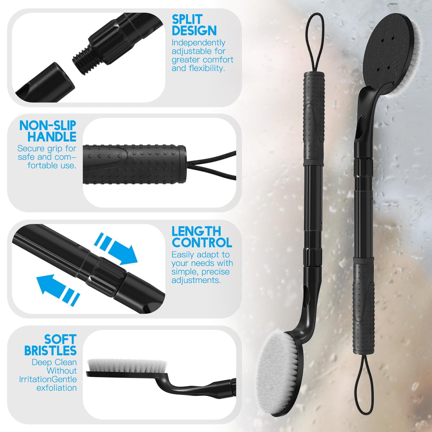 Long Handle Back Scrubber for Shower, 25.7” Telescopic Anti-Slip Bath Brush, Easy Reach Back Cleaner for Exfoliating Dead Skin, Great for Elderly, Disabled & Hard-to-Reach Areas