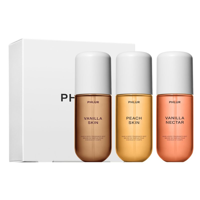 PHLUR Vanilla Peach Trio ($78 Value) - Exclusive 3pc Travel Size Body Mist Set ft. Vanilla Skin, Vanilla Nectar, Peach Skin (3 x 3 fl oz)