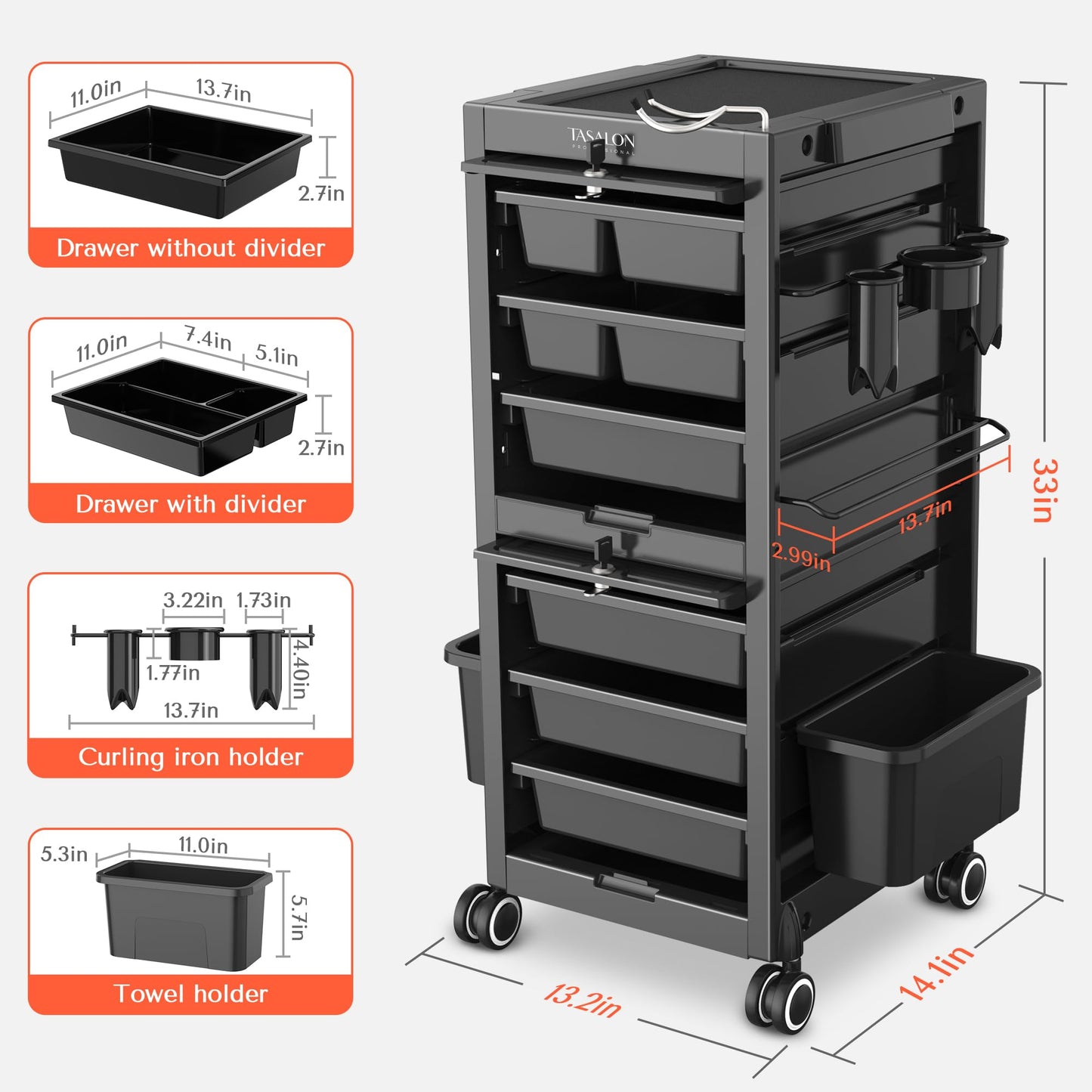TASALON Professional Rolling Salon Cart, 6-Drawer Storage Trolley with Tool Holders, 33-Inch Height,Barber Shop Hairdressing Beauty Versatile Equipment Black