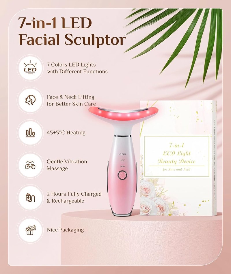 Dopsikn 7 Color Galvanic Machine - Red Light Therapy Face Massager for Wrinkles & Double Chin | Pink