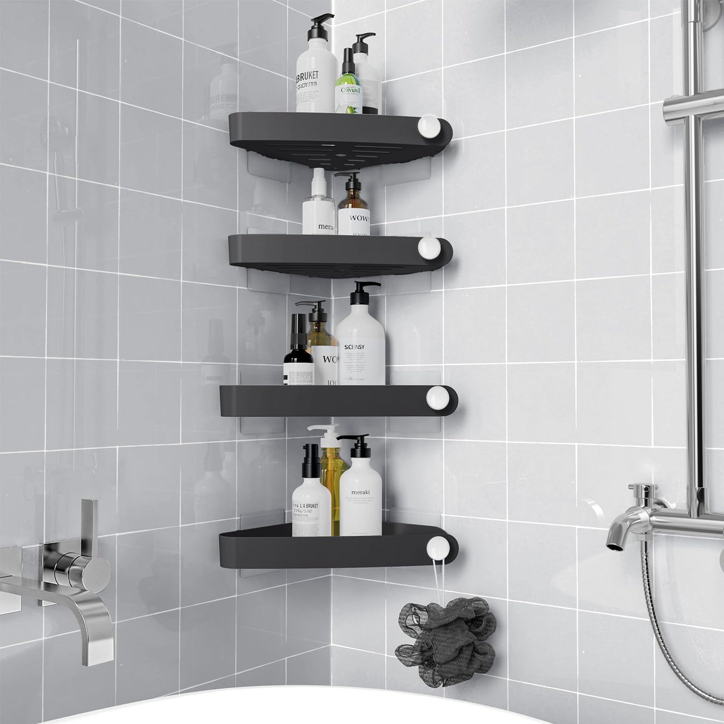 Sotfamily Plastic Shower Caddy Corner (for 90° Only), 4 Pack Adhesive Corner Shower Shelves for Smooth Wall Bathroom Organizers and Storage, Black