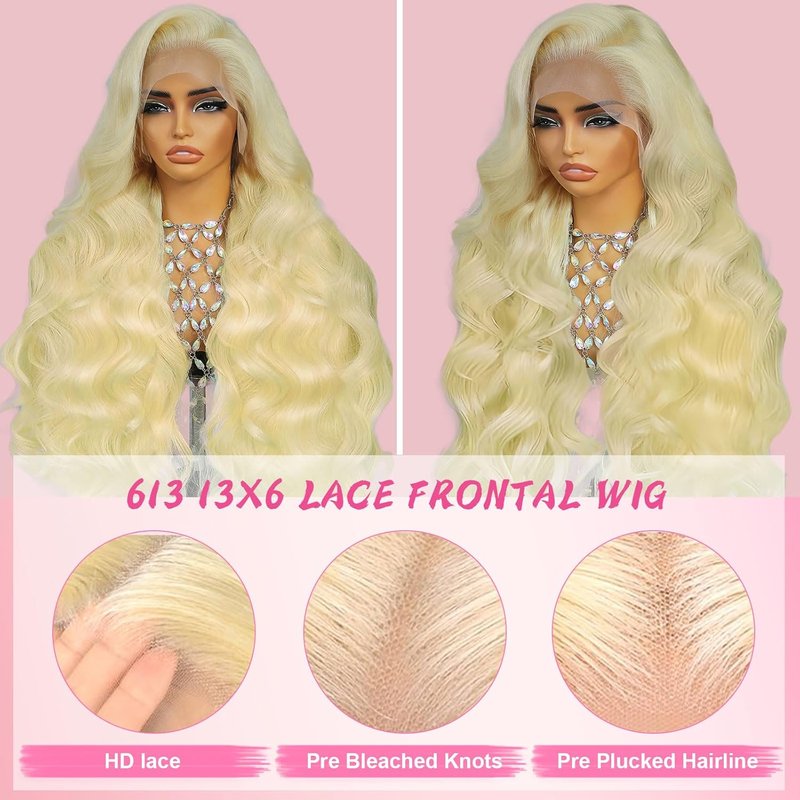 Skiennix 32-Inch 613 Lace Front Wig - 200 Density Blonde Body Wave with HD Transparent Lace | Pre-Plucked 10A Quality