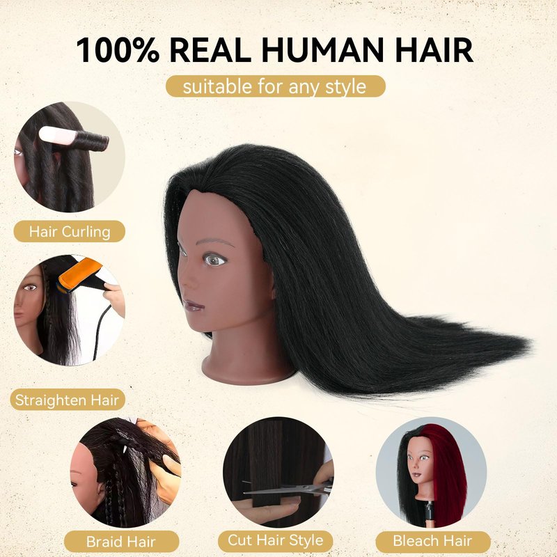Mannequin Head with Human Hair 16'' Cosmetology Manikin Doll Head with 100% Real Human Hair Trainning Head for Hairdresser Practice Braiding Hair Styling with Clamp Stand