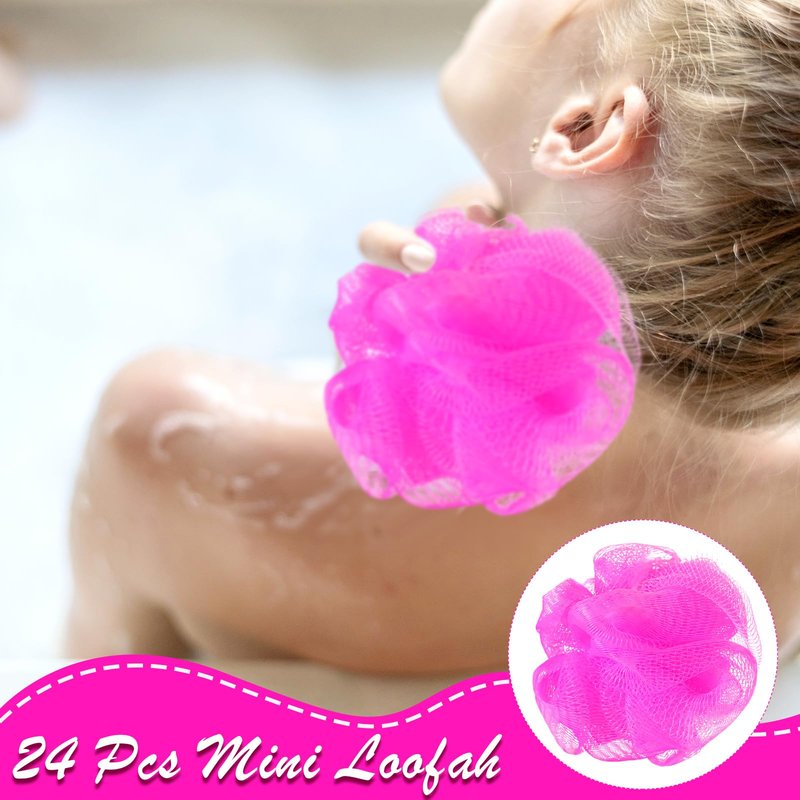 Shellwei 24 Pcs 3 Inch Mini Loofah Travel Size Bulk Shower Sponge Pouf Mesh for Women Kids Men Exfoliating Body Scrubber Baby Shower Favor(Rose Red)