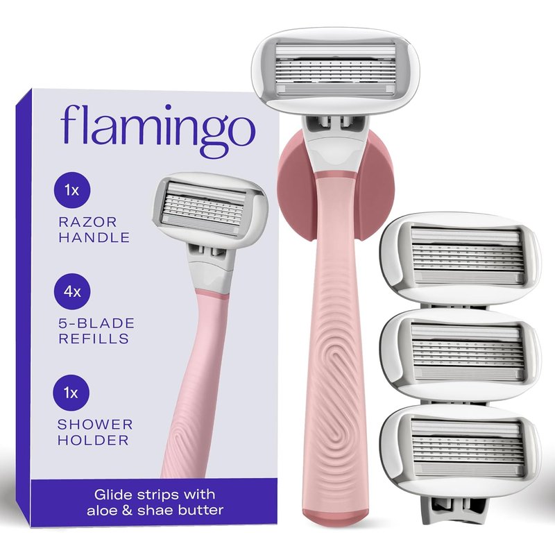 Flamingo Shaving Razor Set for Women - Original Handle, 4 Blade Refills & Shower Holder | Rose Color