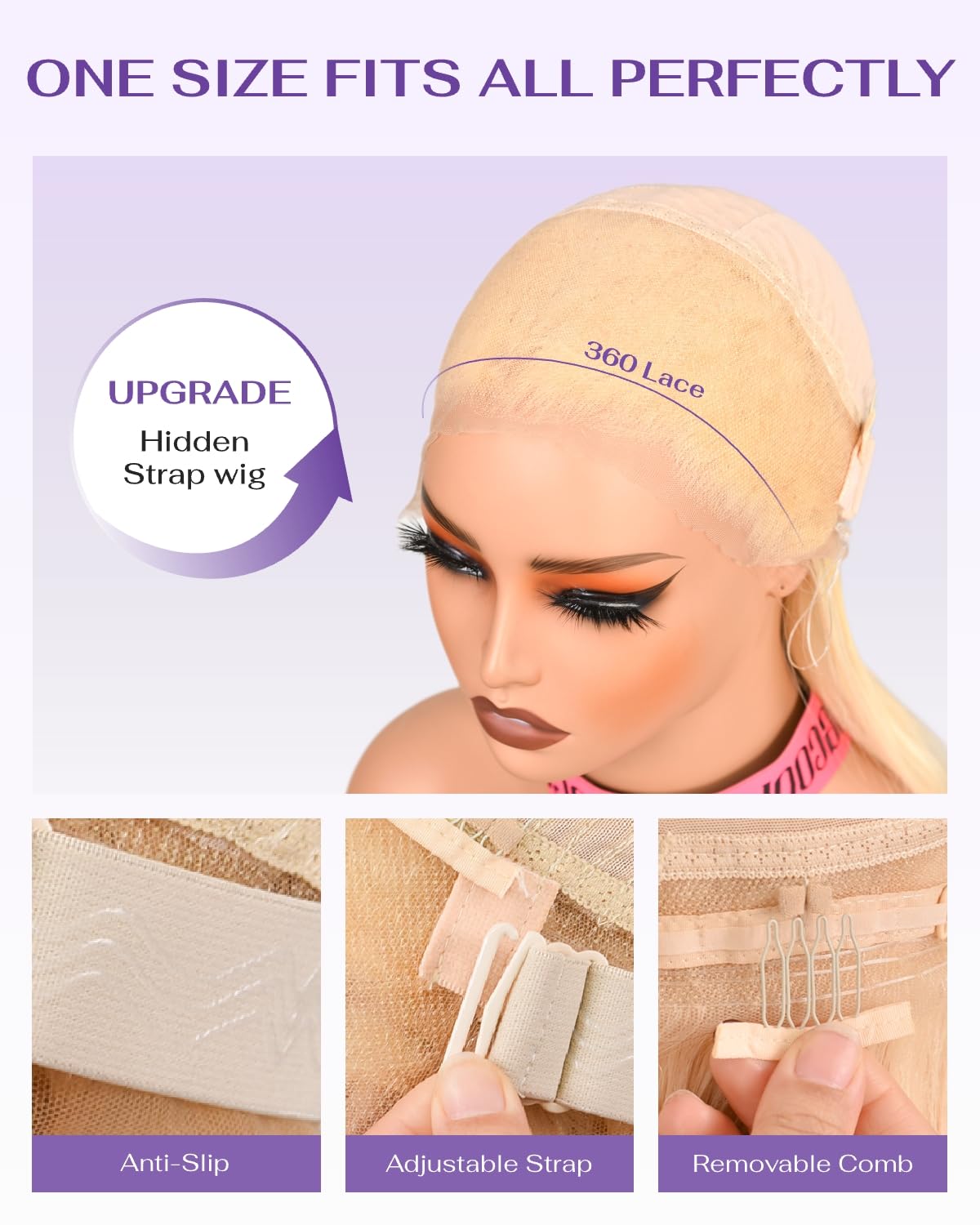 wigcool Hidden Strap Body Wave 360 613 Lace Front Wig Human Hair Glueless Wigs Human hair Pre Plucked Pre Bleached 180% Density Blonde Wig With Drawstring HD Full Lace Human Hair Wigs 26Inch