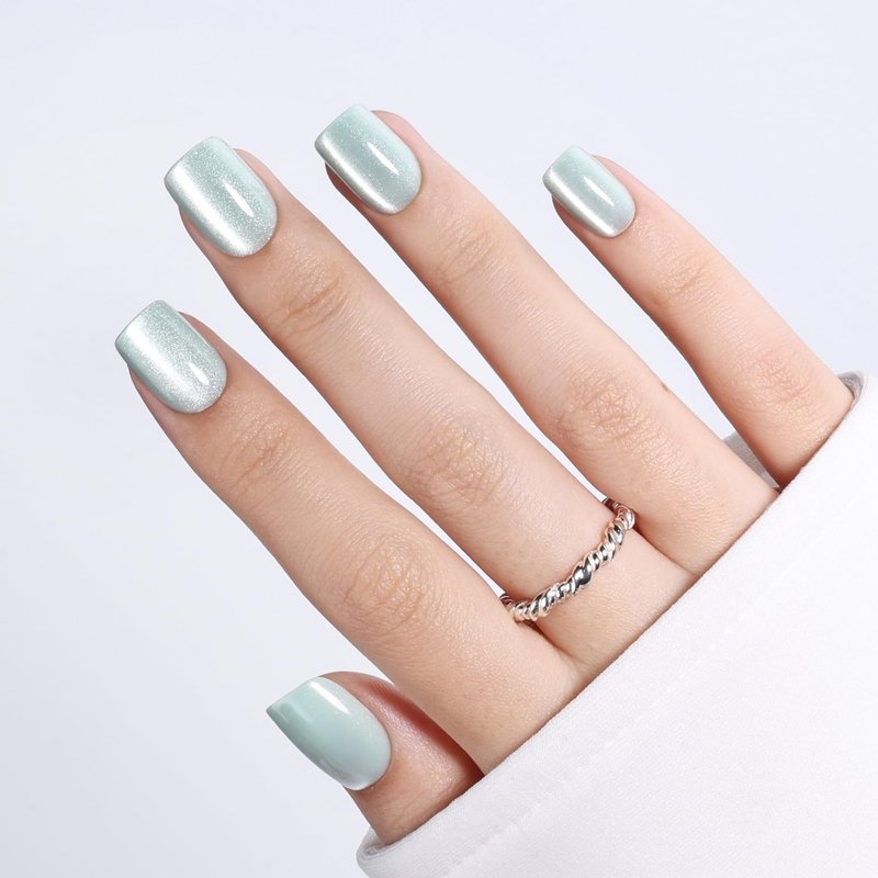 Green Cat Eye Press On Nails Square - Green Short Square Fake Nails, Cateye Press On Nails Reusable Stick On Nails in 15 Sizes 30pcs False Nail Kit for Women & Girls (Mint Stardust)