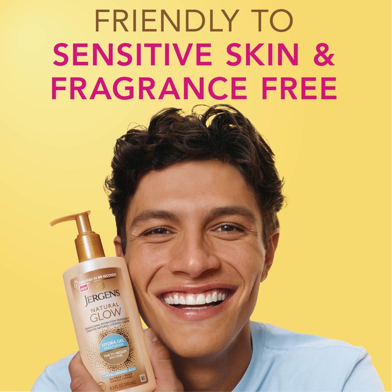 Jergens Natural Glow Hydra Gel Moisturizer, Gradual Tanning Lotion with Hyaluronic Acid, Hydrating Tanning Gel, Fragrance-Free Self Tanner, Fair to Medium Skin Tone, 8.3 Fl Oz