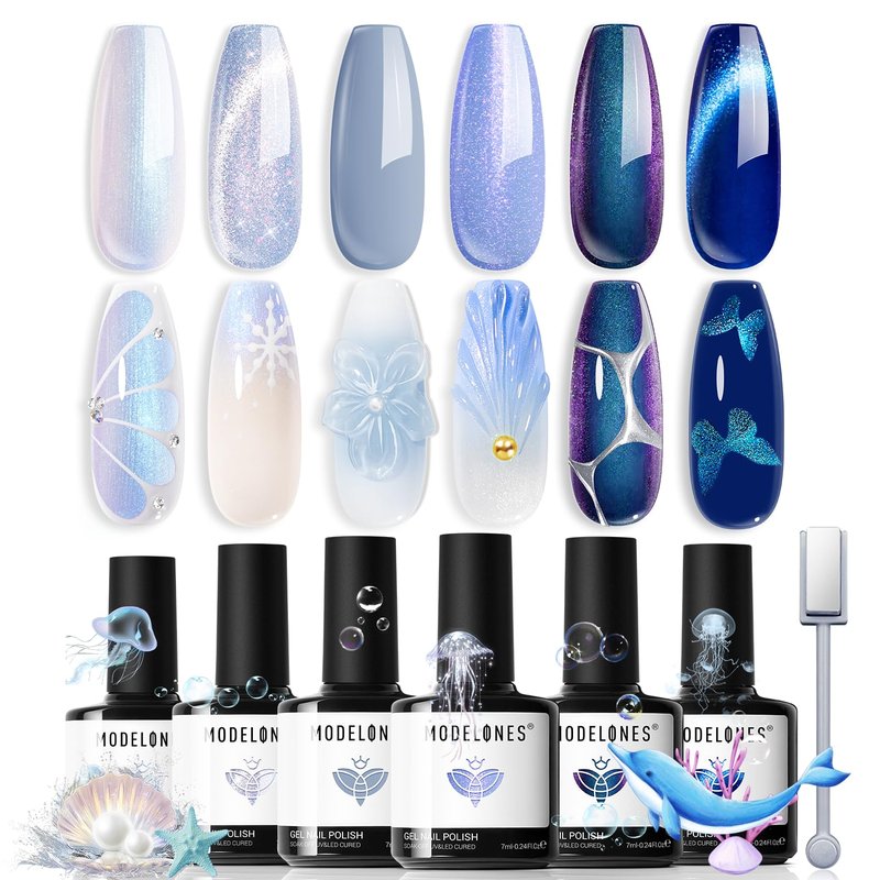 modelones Gel Nail Polish Set, 6 Colors Summer Icy Blue Collection Glitter Gel Polish Galaxy White Dark Blue 9D Cat Eye Nail Polish with Magnet Soak Off Led Nail Art Kit Salon DIY Gift