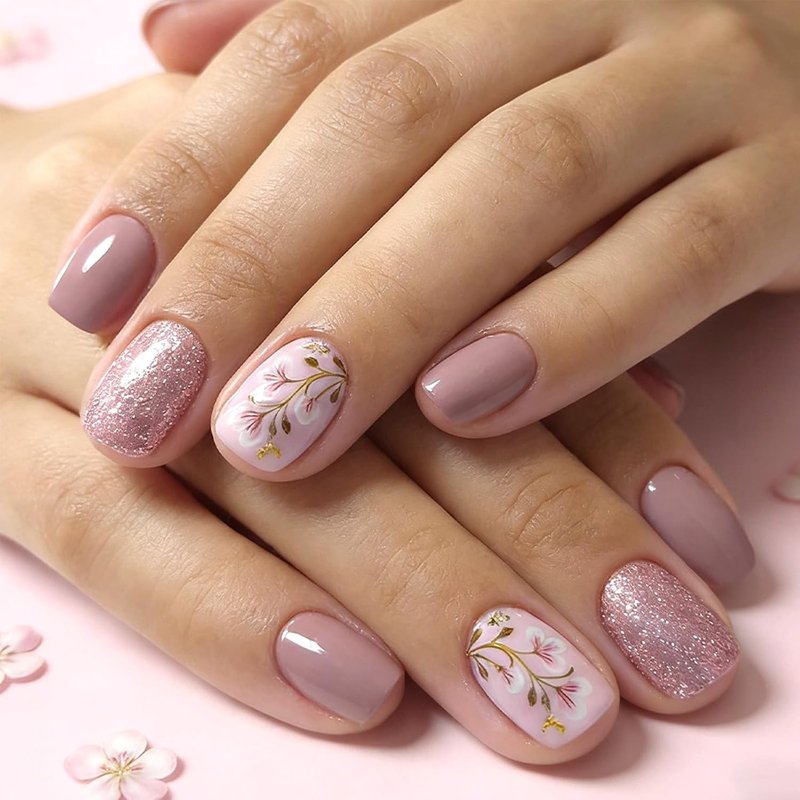 Skiennix Acrylic Press-On Nails - Cute Purple Glitter Flower Bud Design | 24 Pcs Full Cover Set
