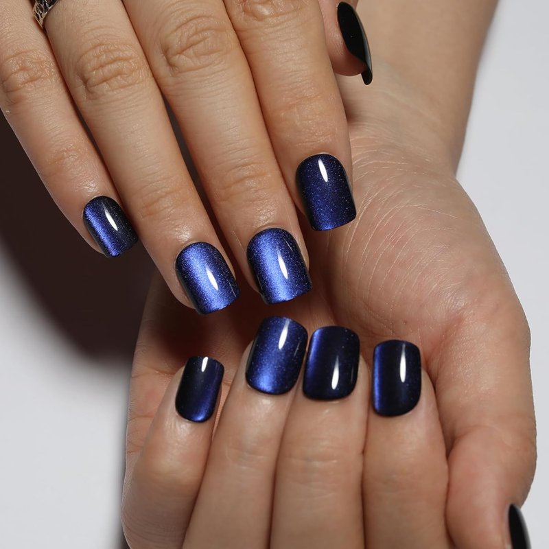 Dark Blue Press On Nails - Short Cat Eye Fake Nails with Color-Shifting Glow | 30 Nail Kit, Reusable, 15 Sizes, Thick Glue