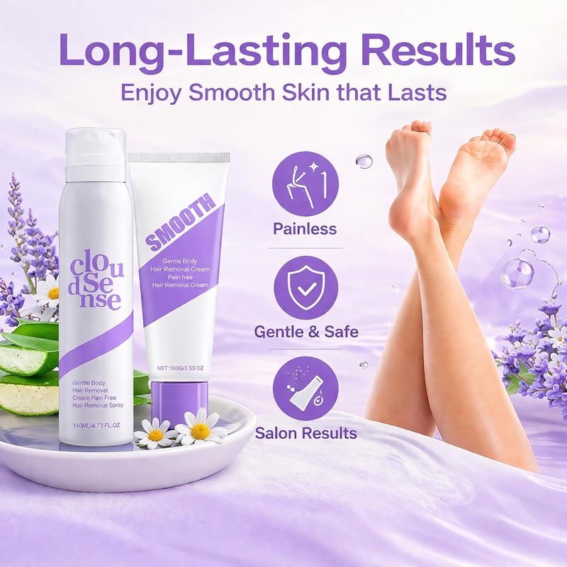 Gentle Hair Removal Spray & Cream Kit - Aloe & Hyaluronic Acid for Sensitive Skin | Smooth Body & Legs