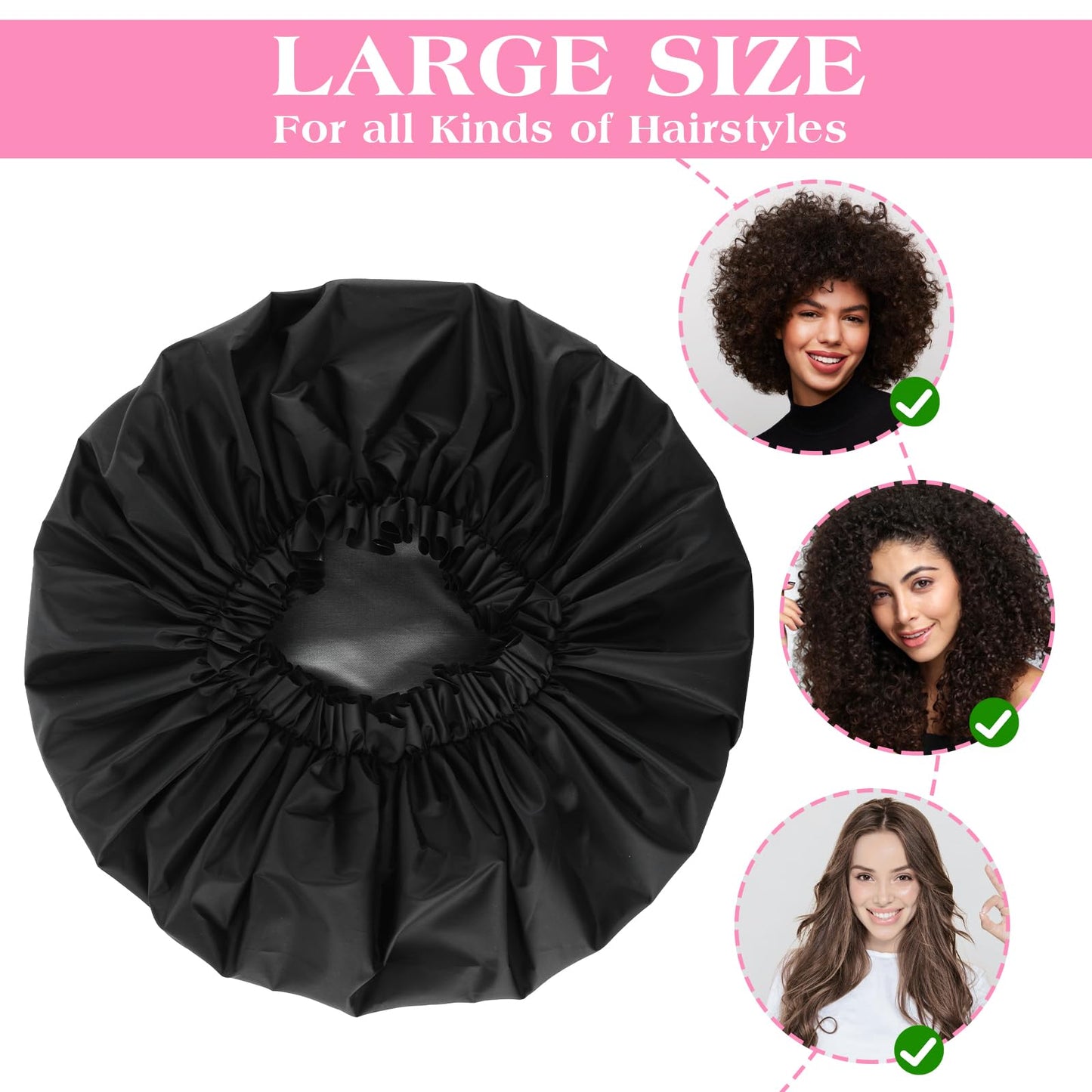 2 PCS Large Shower Cap for Braids - Waterproof Shower Cap for Women, Reusable XL Plastic Shower Caps Jumbo Bath Bonnet for Long Thick Curly Hair, Locs, Twist Braids (Black&Pink)