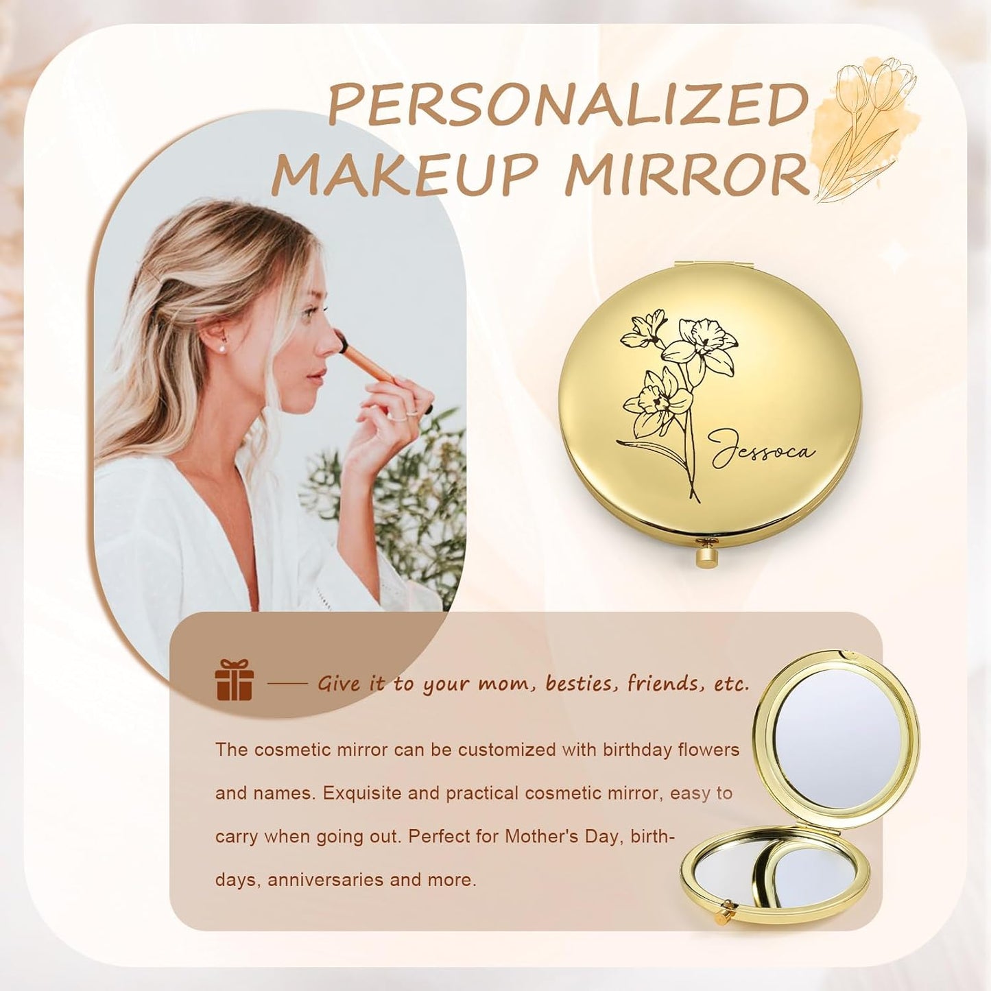 Skiennix Personalized Compact Mirror - Custom Birthflower Travel Makeup Mirror for Women | Gold