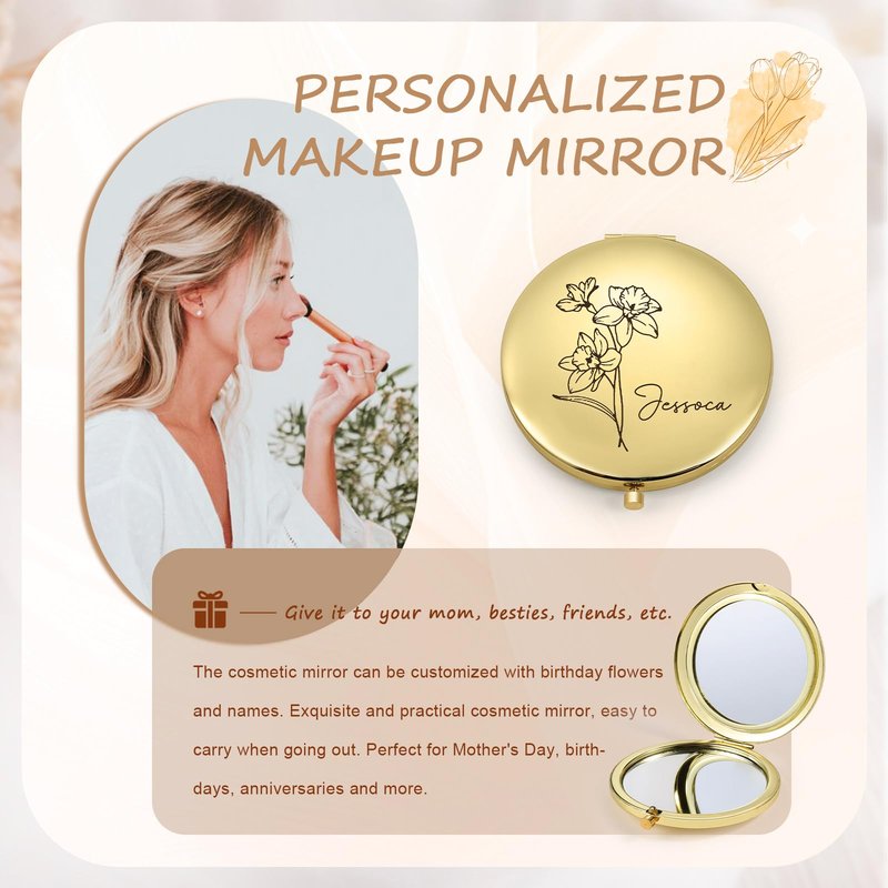 Rayiant Personalized Name Pocket Mirror with Birth Flower, Makeup Mirror for Travel, Ultra Thin Compact Vanity, Portable for Handbag, Purse, Travel Essential (A- Gold)