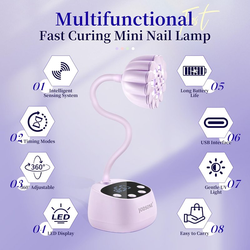 JODSONE Rechargeable Fast Curing U V Nail Lamp -Cordless Portable and Flexible Gooseneck for Gel Polish, Auto Sensor & 4 Timers Lavender Purple