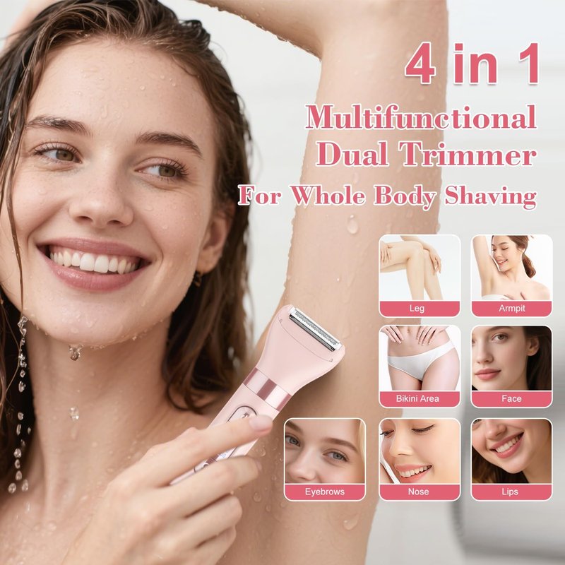 Hatteker 4-in-1 Women's Electric Razor, Dual-Head Body Hair Trimmer for Women, IPX7 Waterproof Rechargeable Bikini Trimmer & Facial Hair Remover for Legs, Armpits, Face, Nose, Eyebrows, Pink