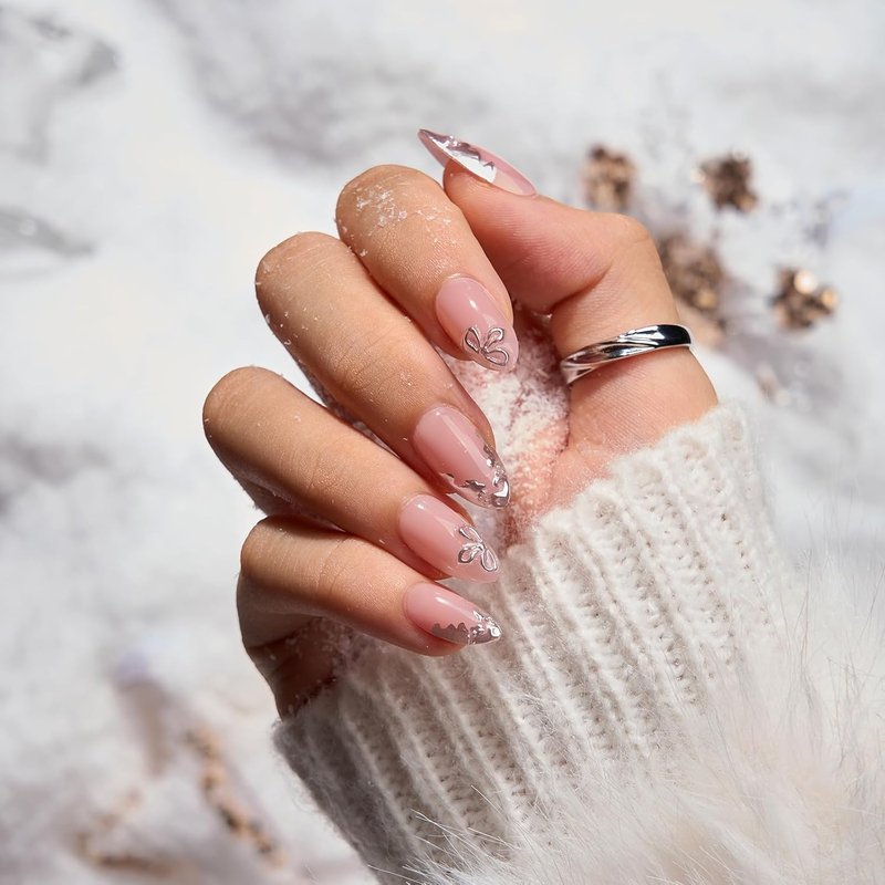 **Press On Nails - Frost Glam Almond Shape with 3D Silver Flowers | 32 Soft Gel Kit in 16 Sizes**
