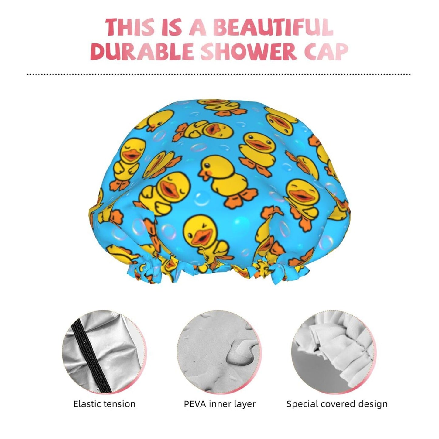 Yellow Rubber Duck Shower Cap For Women Adjustable Double Waterproof Layers Bathing Shower Hat Hair Protection Reusable Ladies Spa Salon Shower Hat
