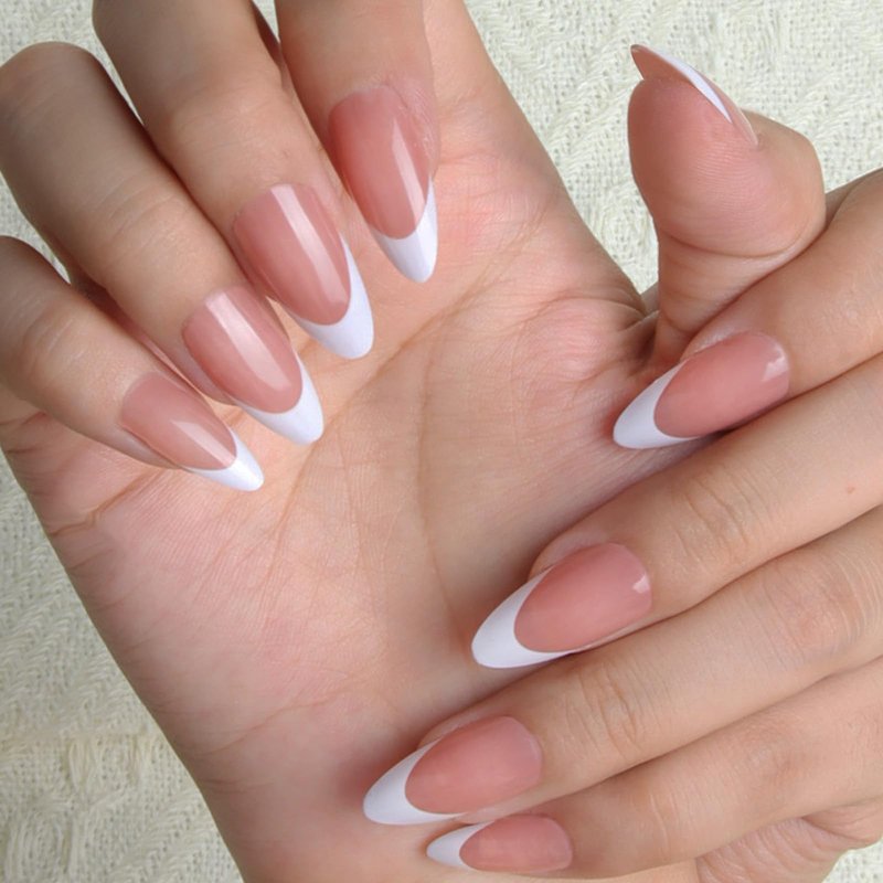 Melines 24pcs French Tip Medium Almond Press On Nails, Reusable Nail Kit with Nail Glue Adhesive Tabs Mini Nail File, 10 Sizes