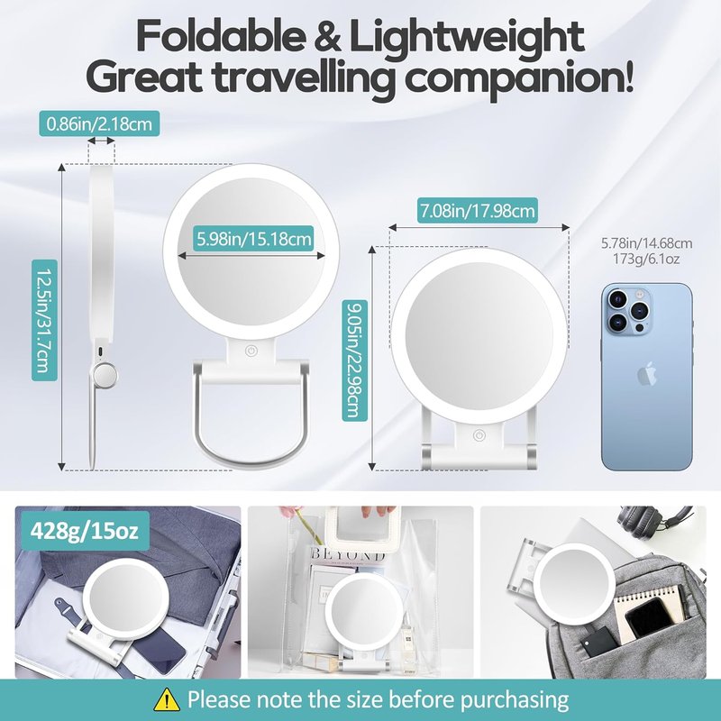 Magnifying Makeup Mirror with Light - 30X Double-Sided, Adjustable Brightness, Foldable Travel Design | 9" L x 7" W
