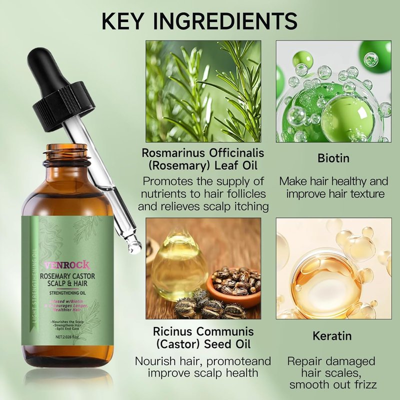 Rosemary Castor Hair Oil - Biotin-Infused Scalp & Hair Strengthening Oil for Nourishing & Repairing | Lightweight Daily Care