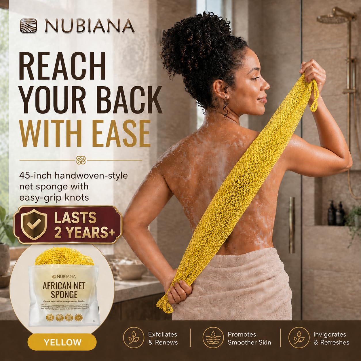 Nubiana African Net Sponge Authentic with Knots, 45 Inch Handwoven Nigerian Exfoliating Body Sponge with Handles, Quick-Drying Nylon Mesh Body Scrubber, Reusable Bath Sponge (Yellow)