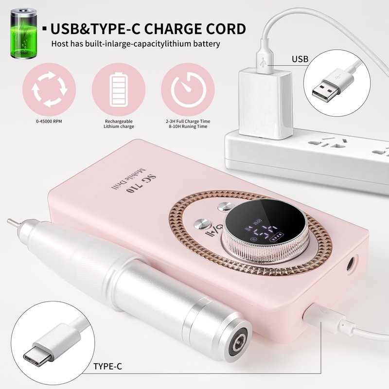 Electric Nail File for Acrylic Nail Kit 45000RPM Electric Pink Nail Drill Professional Manicure Pedicure Set with Nail Drill Kit Bits Efile Cordless for Manicure