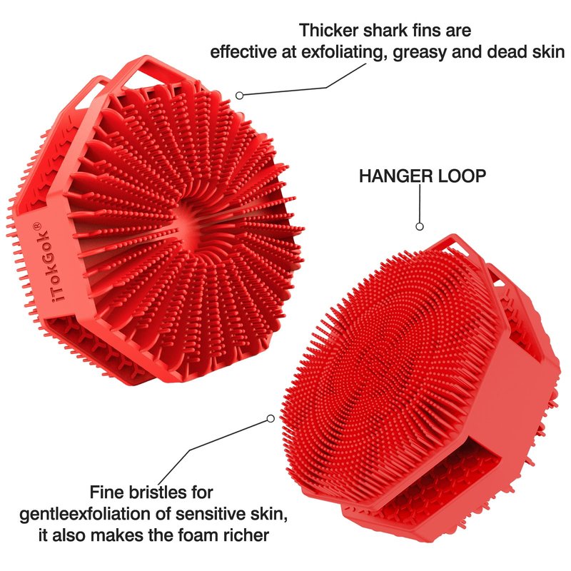 iTokGoK® Silver-Infused 2-in-1 Silicone Body Scrubber, Double-Sided Design Body Brush Silicone Body Scrubber Exfoliating Body Brushes for All Skin for Showering, Lathers Well- Red