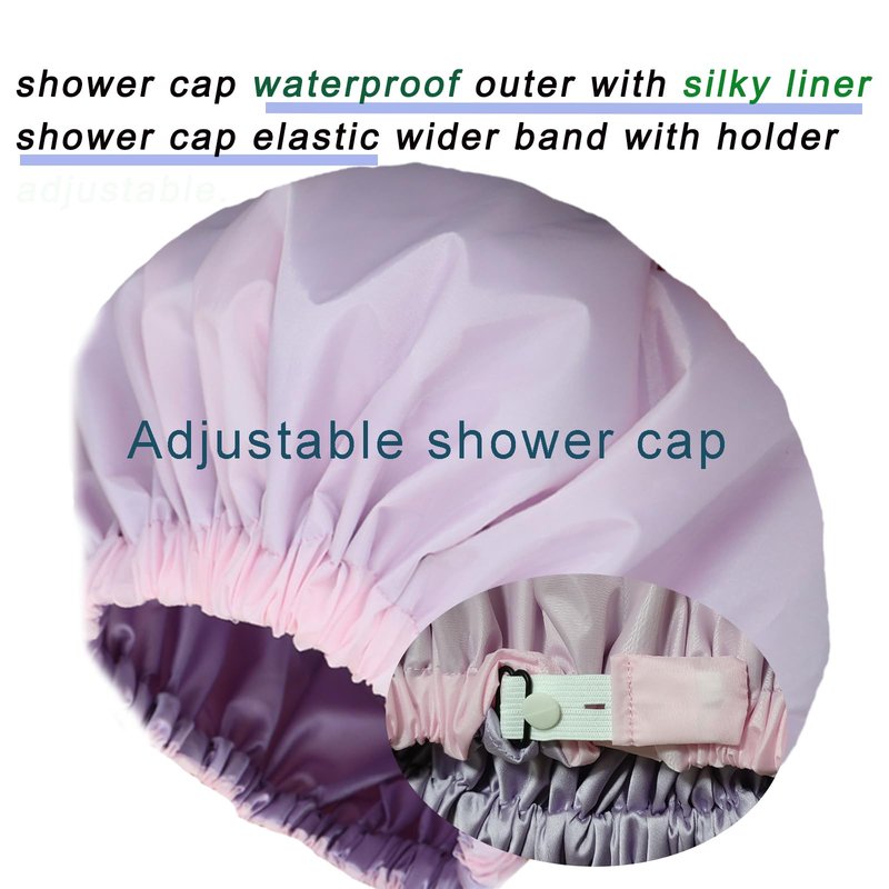 2Pcs Shower Cap with Satin Interior+Packing Bag+Scrunchy Reusable Large Bath Cap Waterproof for All Length Hair, Adjustable Double Layers Cap for Women Shower Spa Travel Non-Slip Elastic Band