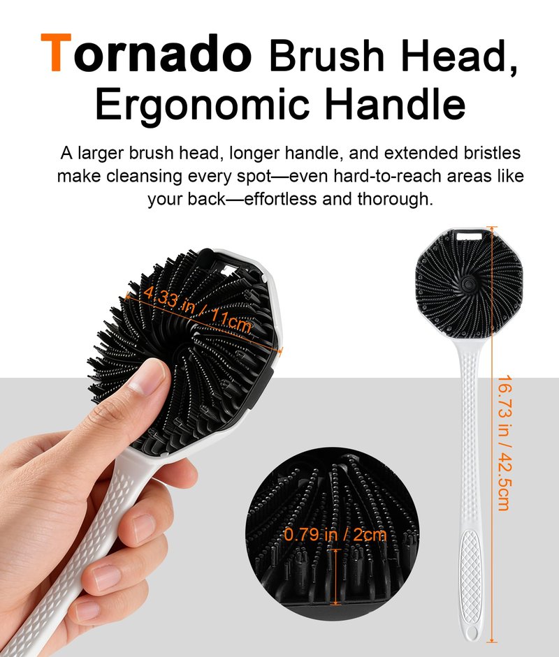 EaTubano Back Scrubber for Shower - Silicone Body Scrubber with Long Handle and Tornado Texture, 2 Pack for Super Exfoliating & Lathering for Rich Foam, Bath Massage Tool (Black+Pink)