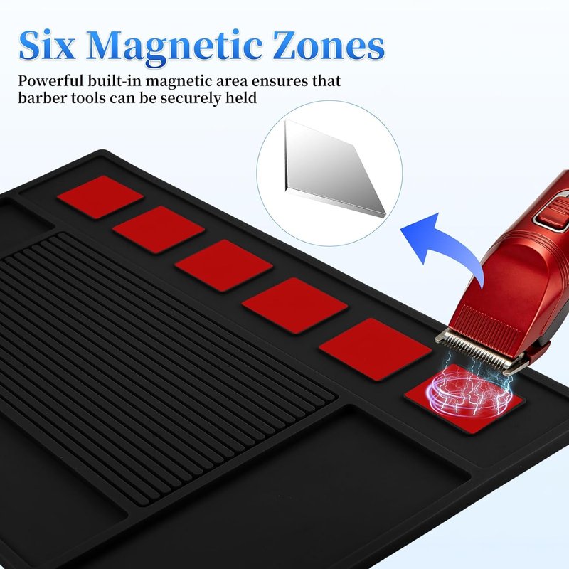 Magnetic Barber Mat - Tool Organizer with 6 Strong Magnets | Black Barber Station Accessory