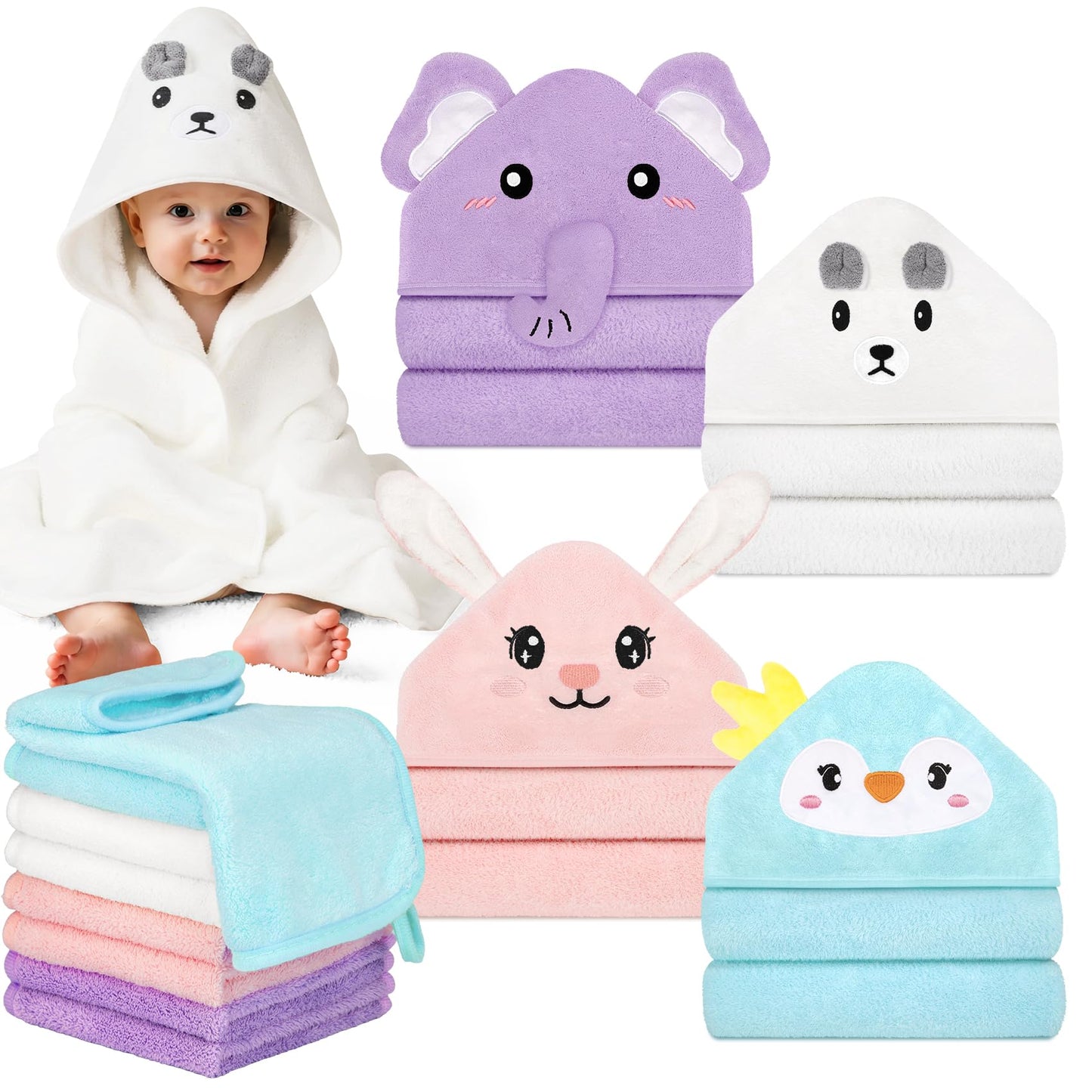 CandyHome 12 PCS Baby Bath Towels Set for Infants Toddlers, 4 PCS Animal Hooded Baby Towels & 8 PCS Washcloths Set, Ultra Absorbent Newborn Bath Essentials Gifts for Boys & Girls