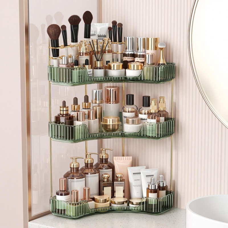 BEFSOP Corner Bathroom Counter Organizer, Upgraded 3-Tier Makeup Organizer Countertop with Makeup Brush Holder, Skincare Exquisite Vanity Organizers Countertop Bathroom Storage Dresser(Green)