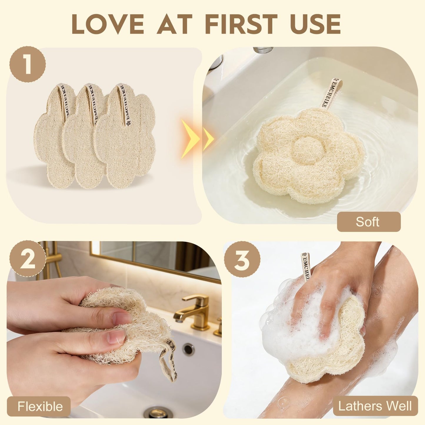 EMCHEIKE Natural Loofah Exfoliating Body Scrubber with Adhesive Hook Natural Egyptian Shower Loofah Sponge Thin and Soft Travel Loofah Sponge for Women & Men (3 Packs)