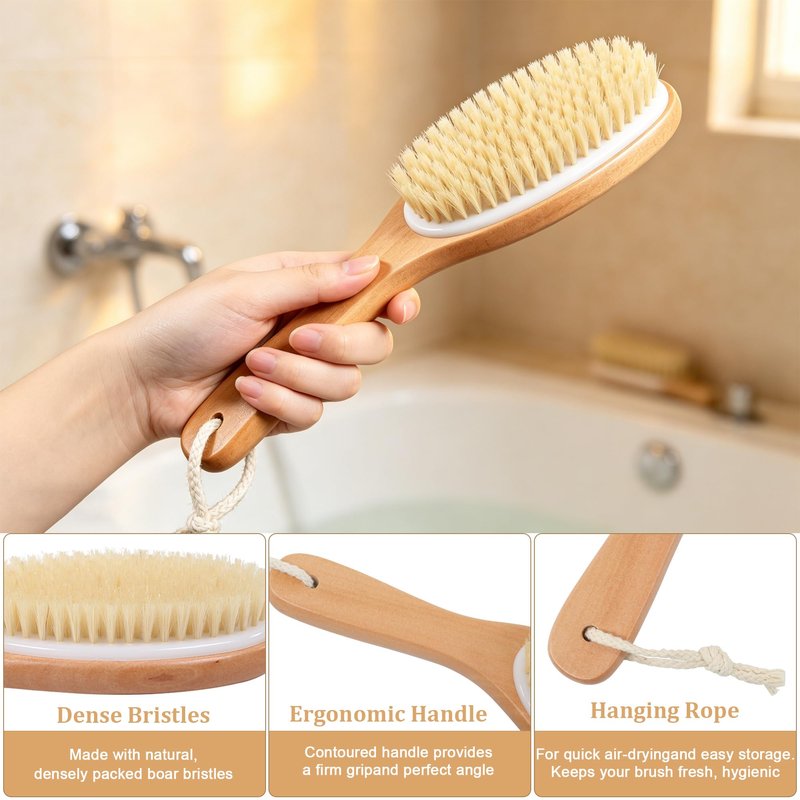OWIIZI Dry Brushing Body Brush, Natural Boar Bristles Body Scrubber for Bath, Wooden Handle Lymphatic Drainage Brush for Skin Exfoliation and Foot Scrubbing