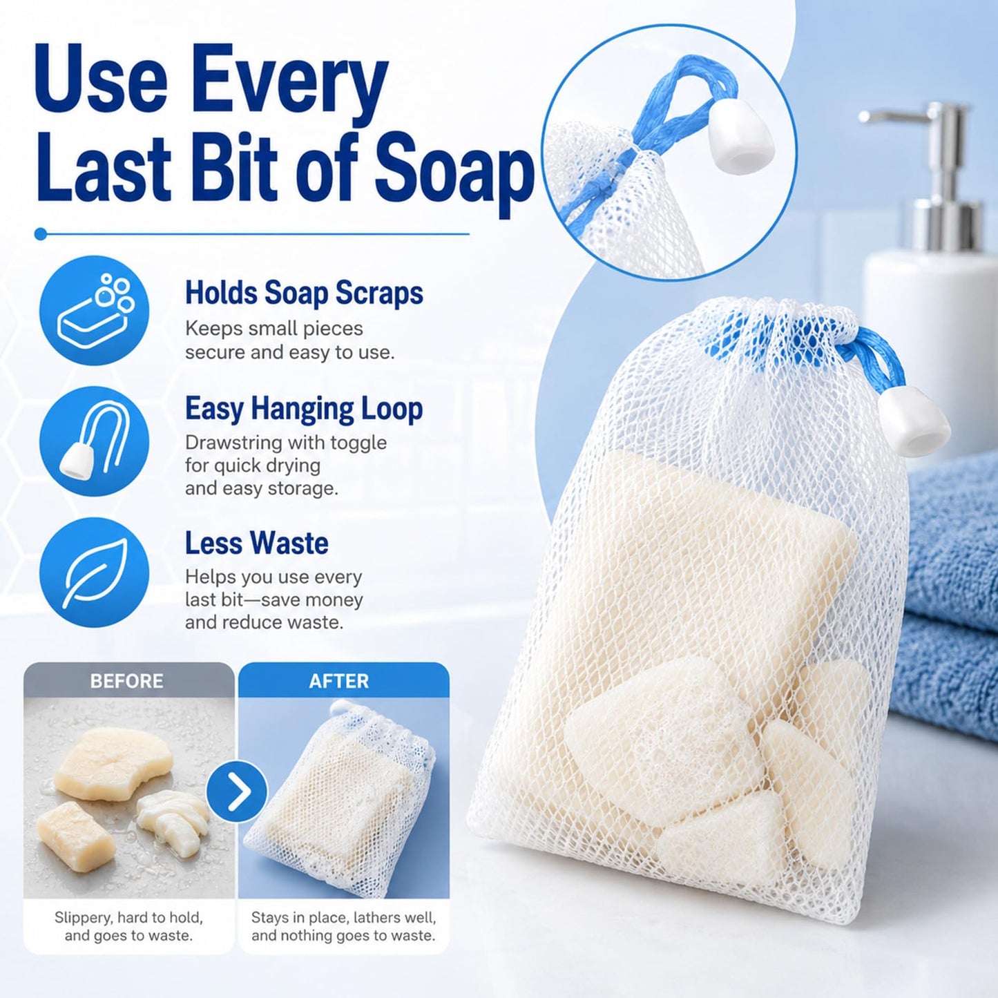 Lagincig 20 Pcs Soap Bag - Mesh Bar Soap Pouch with Drawstring, Nylon Foaming Holder for Shower, Travel, Gym, Bathroom