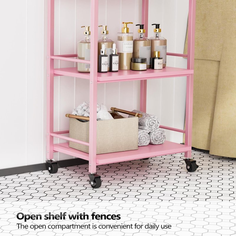 Salon Trolley Cart for Beauty SPA, Wooden Rolling Storage Station, Mobile Utility Cabinet with 1 Drawer 2 Trays, Medical Esthetic Supply Holder for Massage Tattoo Facials, Pink
