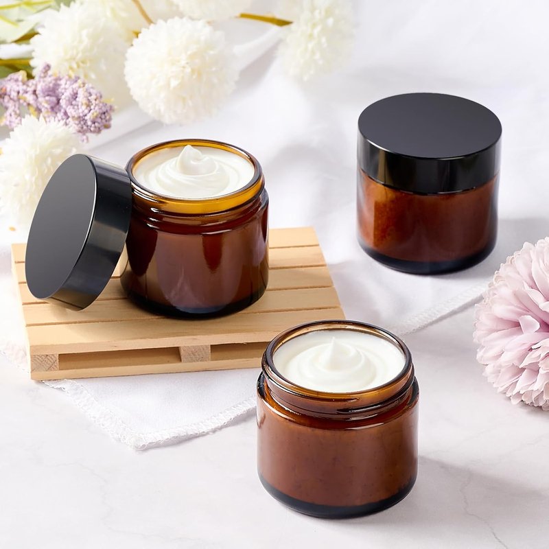 Skiennix 2 Oz Amber Glass Jars - 12 Pack Airtight Cosmetic Containers with Lids for Lotions & Creams