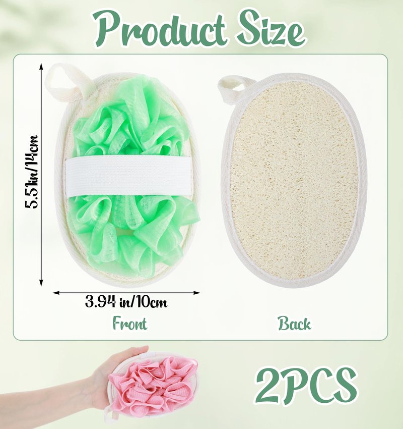 2Pcs Loofah Exfoliating, 2 in 1 Natural Green Pink Loofah for Women Reusable & Washable Loofa, Ideal for Body Scrubbing Gentle Exfoliation for Women & Men Shower Bath